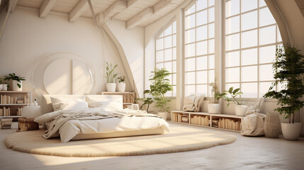 Luminous Elegance: Sunlight Bathes a White Loft Room in Radiant Splendor