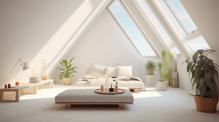 Luminous Elegance: Sunlight Bathes a White Loft Room in Radiant Splendor