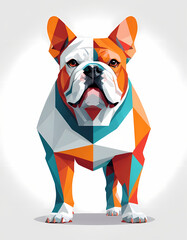 Low poly bulldog on white background, low poly symmetrical bull dog illustration isolated. Modern polygonal style logo design. Suitable for printing on a t-shirt, wall decoration, card, social media.