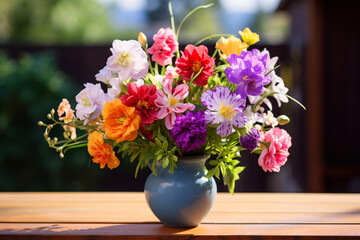 Bouquet of colorful flowers in a rustic vase, sitting on a wooden table in front of a blurred nature background