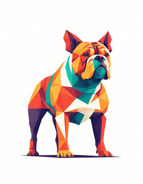 Low poly bulldog on white background, low poly symmetrical bull dog illustration isolated. Modern polygonal style logo design. Suitable for printing on a t-shirt, wall decoration, card, social media.