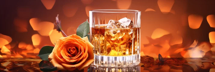 Poster A glass of scotch or whiskey with ice on a table with an orange rose flower and falling petals on the background. © OleksandrZastrozhnov