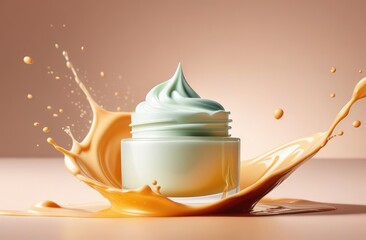 cosmetics product advertising mockup. blank cream can, splashes of liquid on colorful background