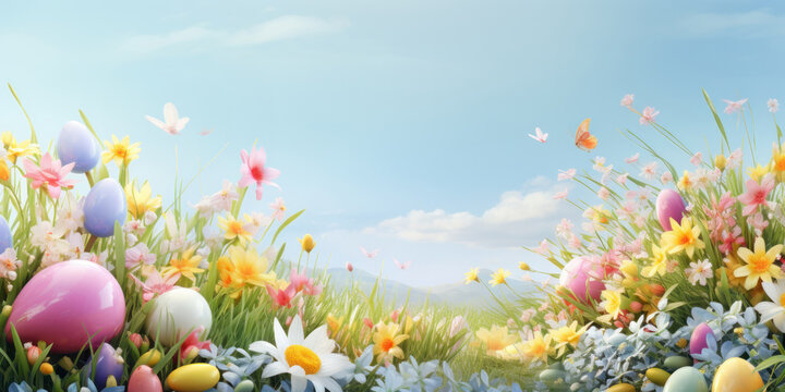 Spring theme with a blooming meadow with flowers and hidden Easter eggs of different colors.