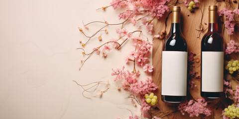 Top view of two bottles of red wine on a wooden board with a floral background. Alcoholic drinks spring banner concept with free space for promotional texts.