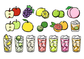 カラフルなフルーツ・ジュース・アルコールドリンク・グラスのイラストセット