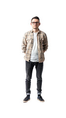 Fototapeta premium Editor, fully standing, alone in the studio. with transparent background