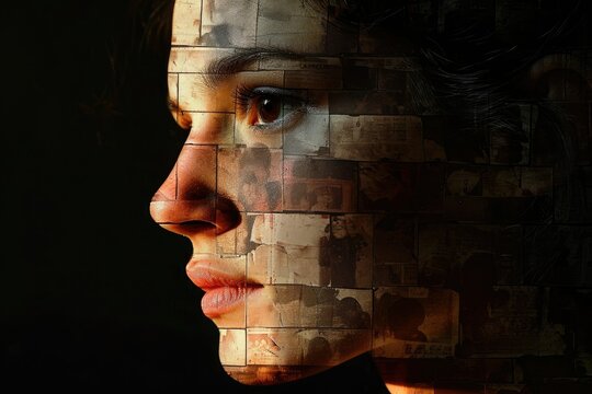 profile of a woman consisting of many pictures, symbolizing - stop violence against women, sexual violence, depression, mental health and psychological problems.
