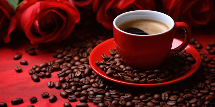 A cup of hot black coffee with scattered roasted coffee beans and red rose flowers on the table. Concept of spring promotional banner of grain or instant coffee.