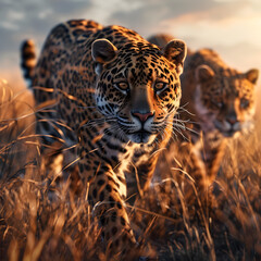 Jaguars standing in the savanna with setting sun shining. Group of wild animals in nature.