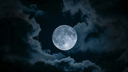 full moon in a dark night sky, surrounded by clouds mysterious eerie moonlight atmosphere symbolism