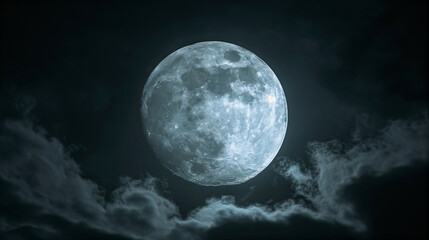 full moon in a dark night sky, surrounded by clouds mysterious eerie atmosphere symbolism moonlight