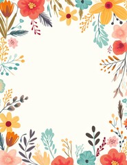 Fototapeta na wymiar Floral Border for Wedding Invitations and Greeting Cards, DIY Designใ Hand-Drawn Botanical Frame - Perfect for Spring and Summer Stationery. Colorful Flower Illustration Border, Ideal for Crafting.