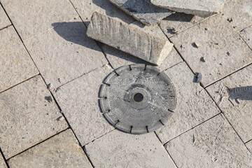 Old diamond blade for cutting concrete and stone.