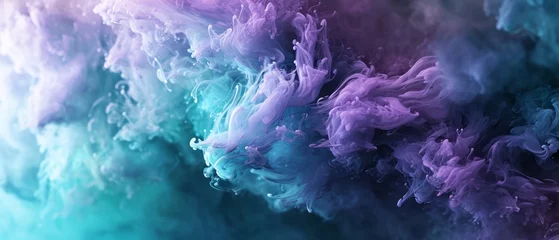 Foto op Canvas Abstract blue, mint, and purple background with interlaced smoke glitch and distortion effect. Generative AI © STOCKAI