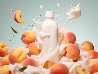 White plastic bottle in a splash of yogurt and peaches on a light background. Fruit yogurt or flavored shampoo advertising banner concept.