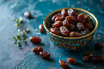 Organic delicious dates in an oriental bowl on a turquoise background. Ramadan food.