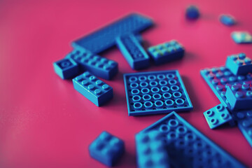 A scattering of constructor elements for children. Colored blue bricks from the puzzle.