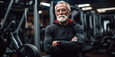 An elderly muscular man in sportswear stands with folded hands on exercise equipment background. Fitness trainer or gym banner layout.