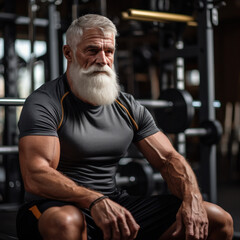 An elderly muscular man in sportswear sits in the gym. Fitness trainer banner layout.