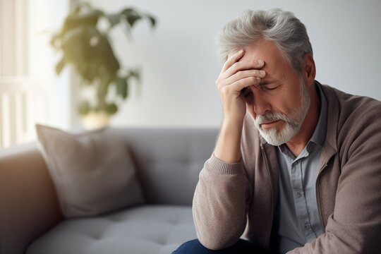 Middle-aged man with a beard, sitting on the sofa with his hand on his head, eyes closed, indicating a headache and fatigue, stress, and anxiety
