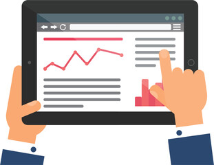 User hand enters data on website of management on portable laptop. Statistic web page menu on screen of digital gadget. Simple flat vector isolated on white background