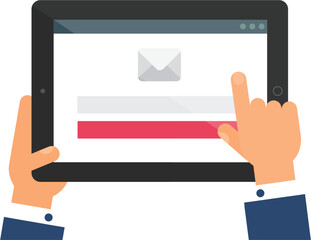 User hand enters data on website of profile on portable laptop. Consumer web page menu on screen of digital gadget. Simple flat vector isolated on white background