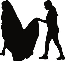 a bride and her bridesmaid walking, silhouette vector