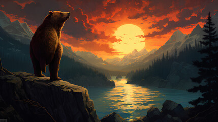 A large bear stood on the edge of a cliff watching the sun set. - obrazy, fototapety, plakaty