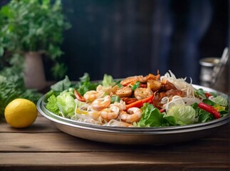 Miang Thai Food Style a plate with shrimp, vegetables and glass noodle