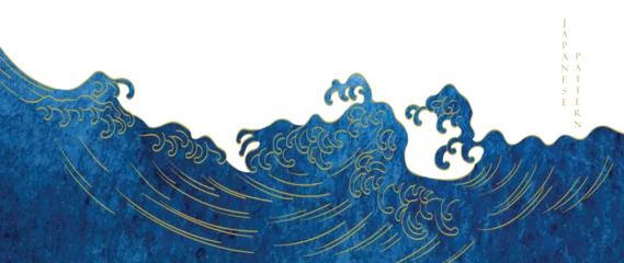 Rolgordijnen Blue brush stroke texture with Japanese ocean wave pattern in vintage style. Abstract art landscape banner design with watercolor texture vector  © Marukopum