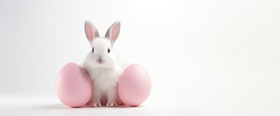 White rabbit near pink decorated Easter eggs on a white background. Free space for product placement or advertising text.