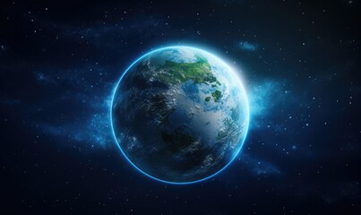an earth planet that is situated in the dark viewed from space with blue light ring around it.
