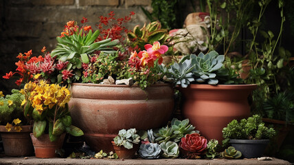 Fototapeta na wymiar gardening, many pots of flowers