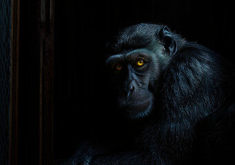 Ape Majesty: Shining Black Fur and Piercing Yellow Eyes. Monkey's Profound Stare in Black Brilliance. In the Eyes of the Wild Primate