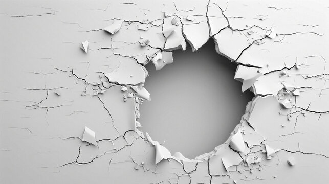 hole in damaged wall with cracks illustration, concept of breach