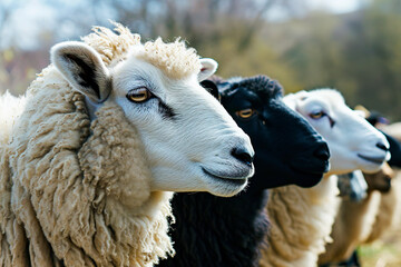 The Black Sheep: Visual Metaphor of Uniqueness and  Individuality. Between White and Black - obrazy, fototapety, plakaty