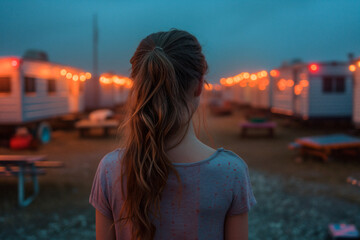 Obraz premium AI generated illustration of a woman observing camping trailers in twilight