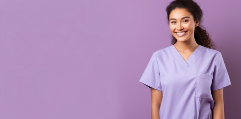 Female woman nurse portrait shot smiling cheerful confident standing on the purple background. Copy space banner for medical and beauty industry.