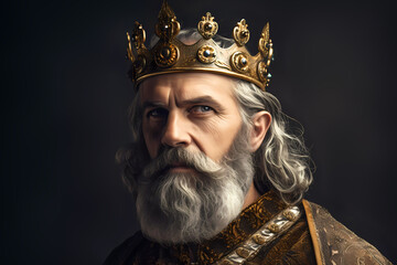 King with beard and crown on dark background. Generative ai design.