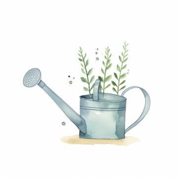 Aquarell einer Gießkanne mit grünen Pflanzen Illustration