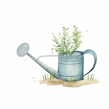 Aquarell einer Gießkanne mit grünen Pflanzen Illustration