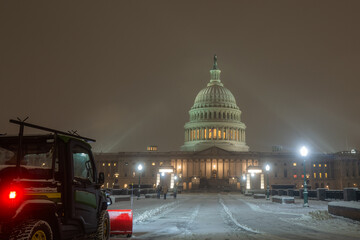 Capitol building in snow. Winter Capitol hill, Washington DC. Capitols dome in winter night snow....