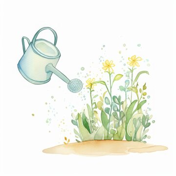 Aquarell Gießkanne wässert Frühlingsblumen Illustration