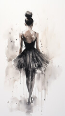 ballerina view high, vertical, narrow from the back pencil sketch on a white background black and white drawing