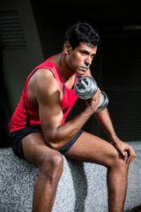 Fototapeta na wymiar Athletic Indian man exercising with dumbbells