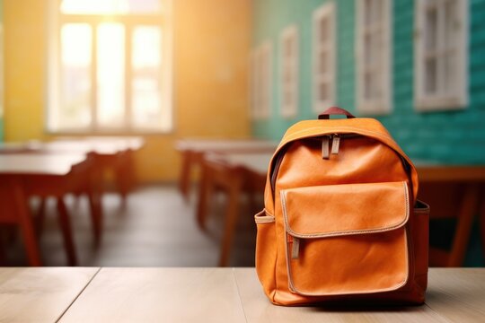 Yellow school bag in the bokeh classroom background. Back to school concept background  with copyspace, place for text.