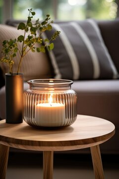 Striped ceramic wooden candle on a round table in the living room with soft sofa background in the style of norwegian nature, luxurious interiors design