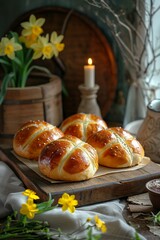 Obraz na płótnie Canvas Easter cheesy hot cross buns on tea towel with jug of flowers and candles in country kitchen