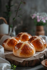 Easter cheesy hot cross buns on tea towel with jug of flowers in country kitchen - obrazy, fototapety, plakaty